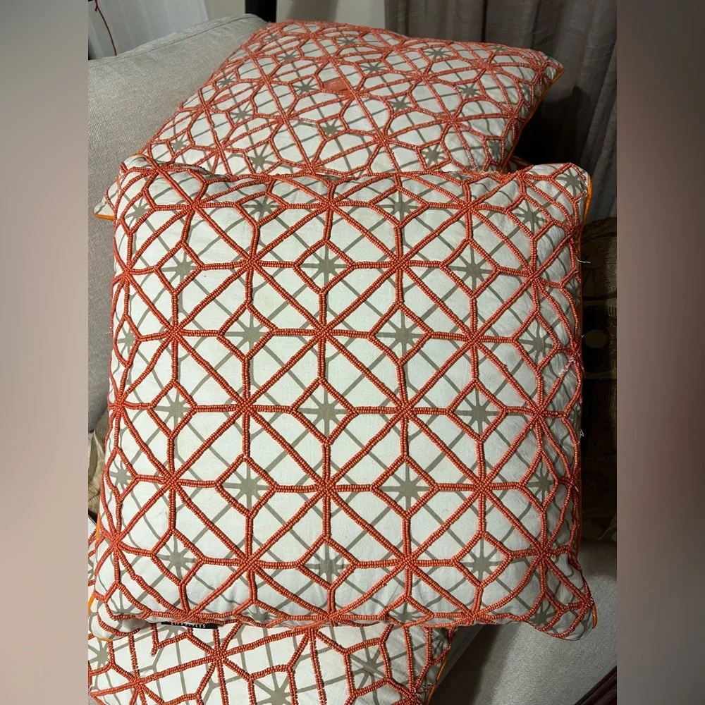 Tangerine Geometric Design and Glass Bead Accent Pillows 10.00 Each or Bundle!!